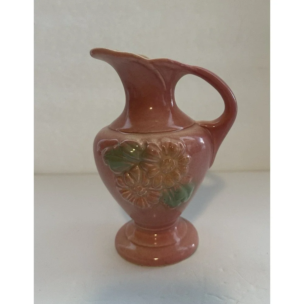 Vintage USA Pottery Pink Floral Ewer Pitcher Vase Embossed Flowers Art Pottery